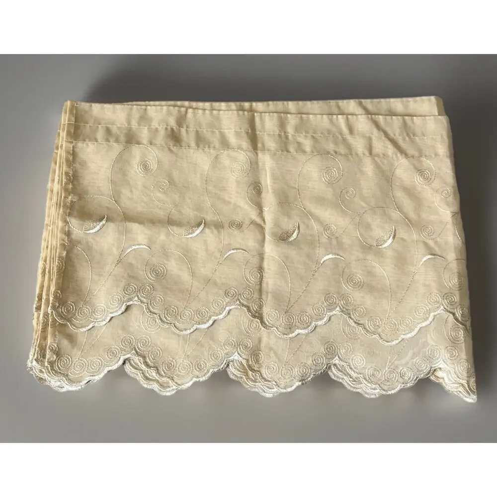 Home Decor Valance Tan Chiffon Embroidered Swirl Scalloped Tiered Curtain set 5